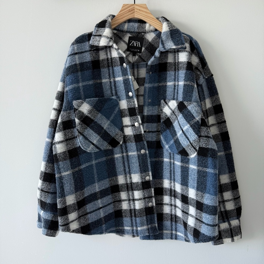 ZARA Blue Plaid Wool Blend Shacket Oversized Snap Button Jacket S - Picture 2 of 16
